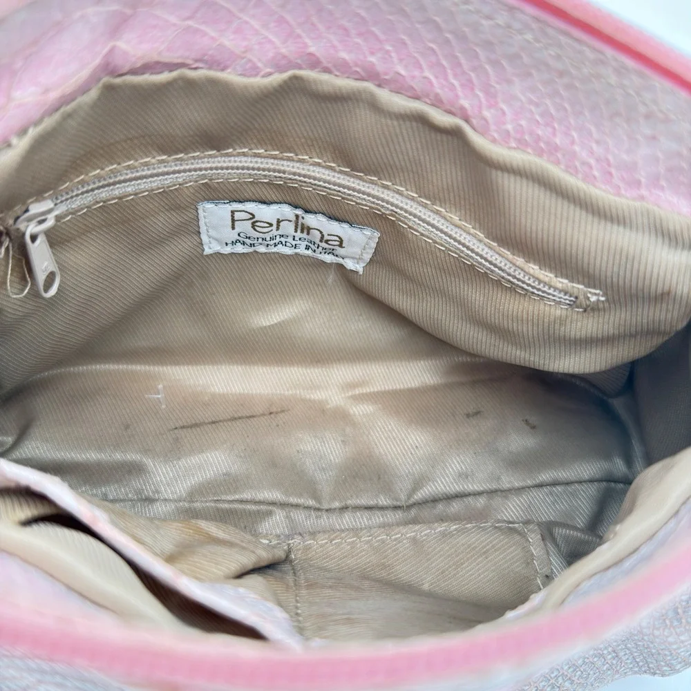 Perlina Metallic Pink Snakeskin Leather Chain Shoulder Bag Y2K Italy Small Purse